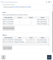 Entries tab - winners